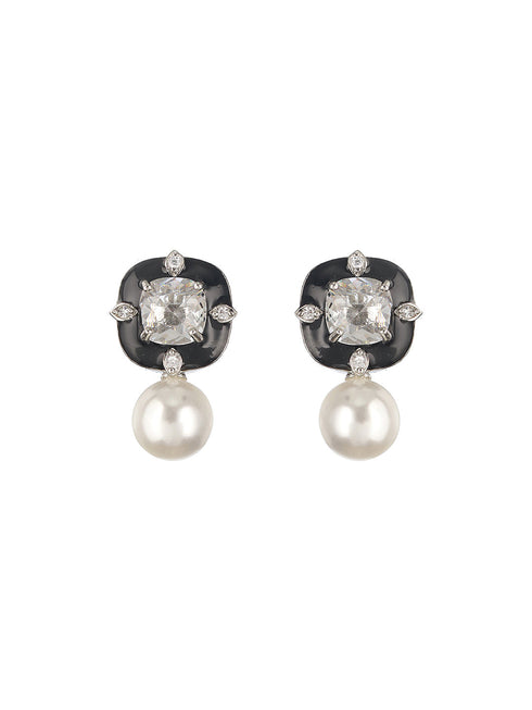 Silver Toned AD Blue Enamelled & Beaded Minimal Earring