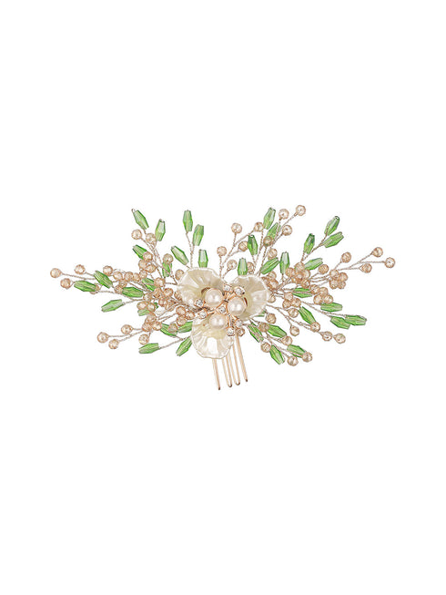 Gold Toned Mother Of Pearl Embellished Green Hair Comb Pin