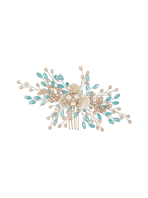 Gold Toned Mother Of Pearl Embellished Blue Hair Comb Pin