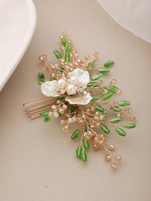 Gold Toned Mother Of Pearl Embellished Green Hair Comb Pin