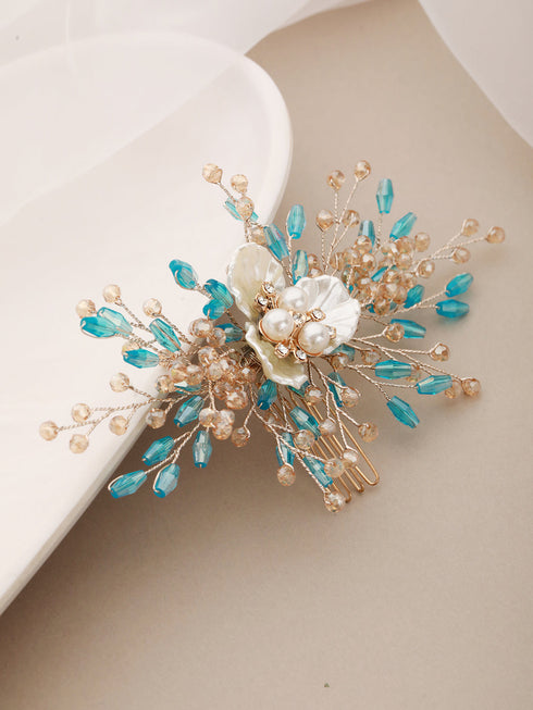 Gold Toned Mother Of Pearl Embellished Blue Hair Comb Pin