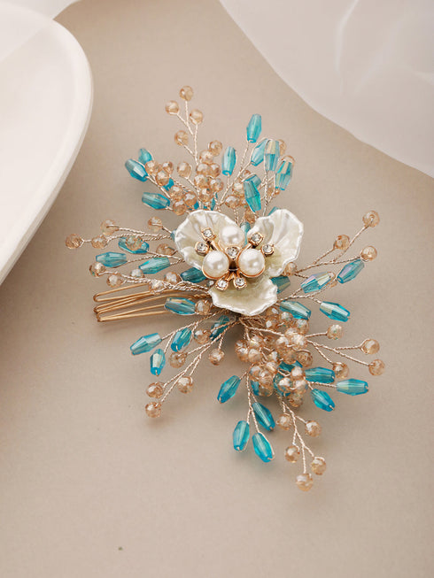 Gold Toned Mother Of Pearl Embellished Blue Hair Comb Pin