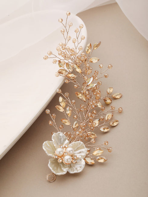 Gold Toned Coral Pearl Embedded Statement Hair Comb Pin