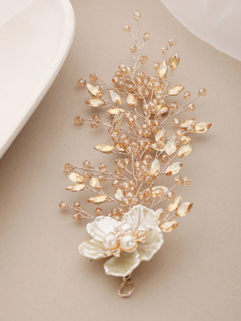 Gold Toned Coral Pearl Embedded Statement Hair Comb Pin