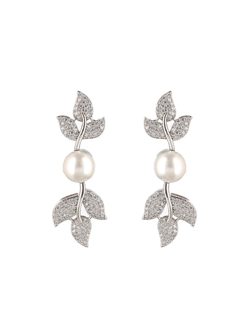 Silver Plated C Z Studded Pearl Floral Statement Jewellery Set