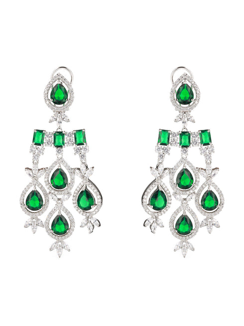 White Rhodium Silver Plated Green CZ Stone Studded jewellery Set