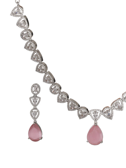 White Rhodium Pink AD Studded Luxe Minimal Jewellry Set