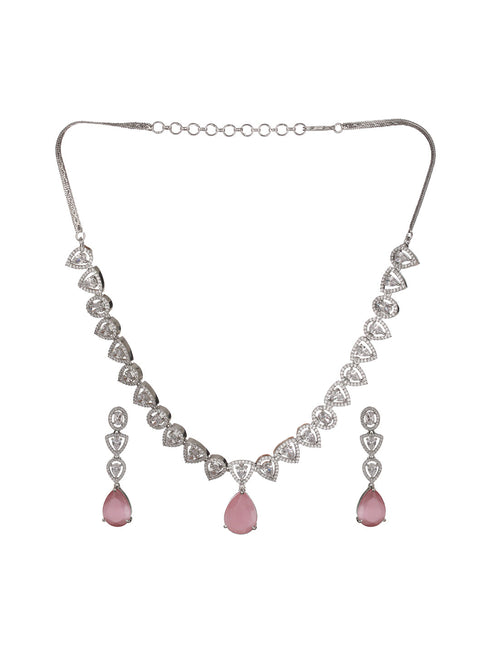White Rhodium Pink AD Studded Luxe Minimal Jewellry Set