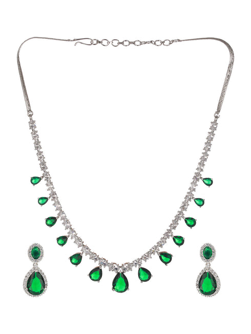 Rhodium Plated green CZ Studded Single Line Minimal Jewellery Set