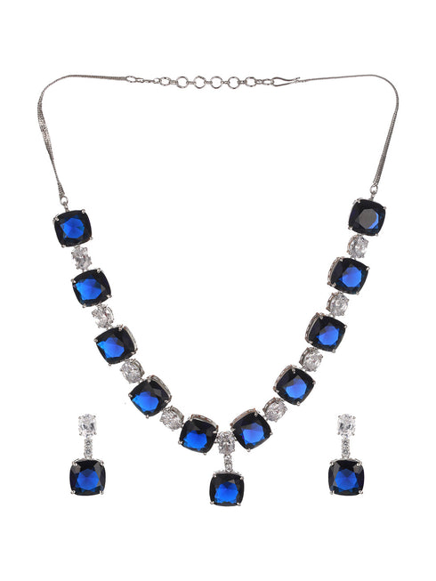 White Rhodium Blue CZ Studded Luxe Statement Jewellery Set