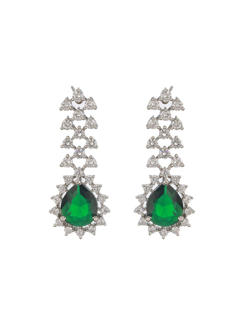 Silver Plated Emerald Green Zircon AD Studded Delicate Partywear Necklace Jewellery Set
