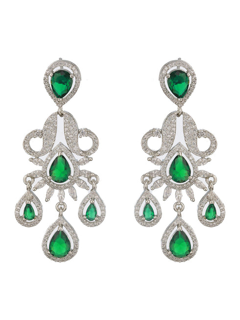 Silver Plated Emerald Green AD Studded Luxe Designer Floral Pendant Jewellery Set