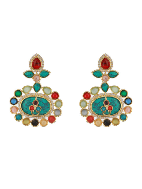 Gold plated Multicoloured Stones Studded Floral Double Layered Necklace Jewellery Set