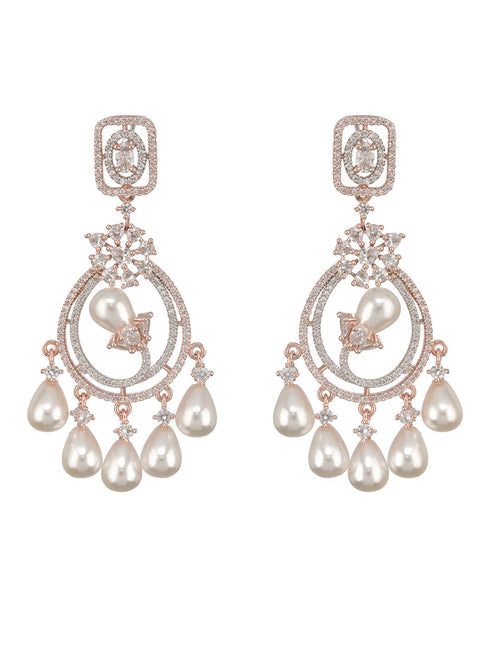 Rose Gold Platedd Zircon Studded Pearl Beaded Luxe Contemporary Chandbali Earrings