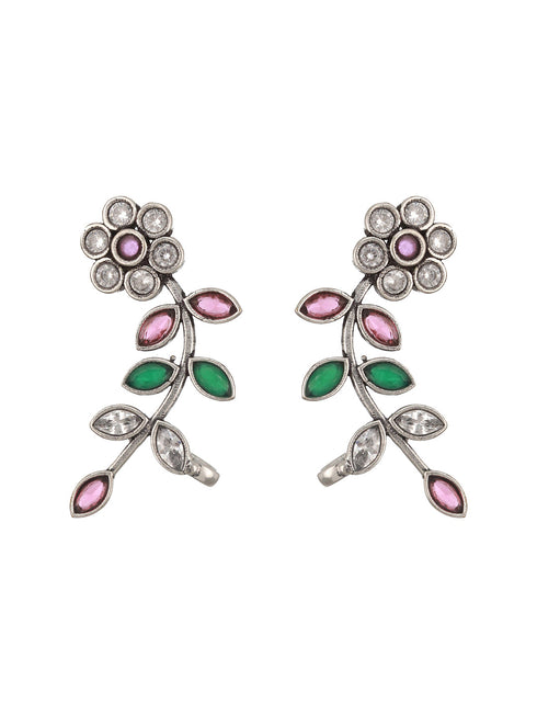 Oxidised Silver Plated Red Stone Studded Floral Ear Cuff Earrings