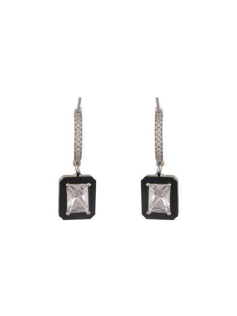 Anti-Tarnish Silver Plated Black Geaometric Hoops Minimal Dropdown Earrings
