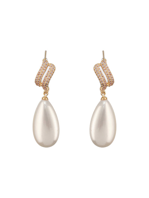 Gold Plated Tear Drop Pearl Studded Luxe Minimal Drop Earrings
