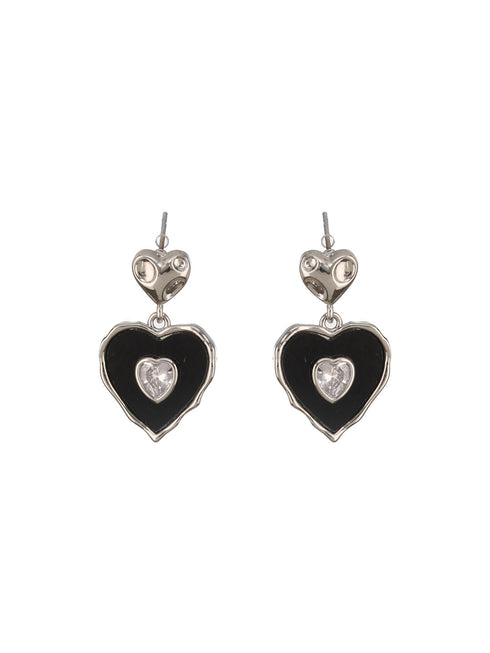 Anti-Tarnish Silver Plated Black Enamelled Heart Shaped Minimal Drop Down Studs Earrings