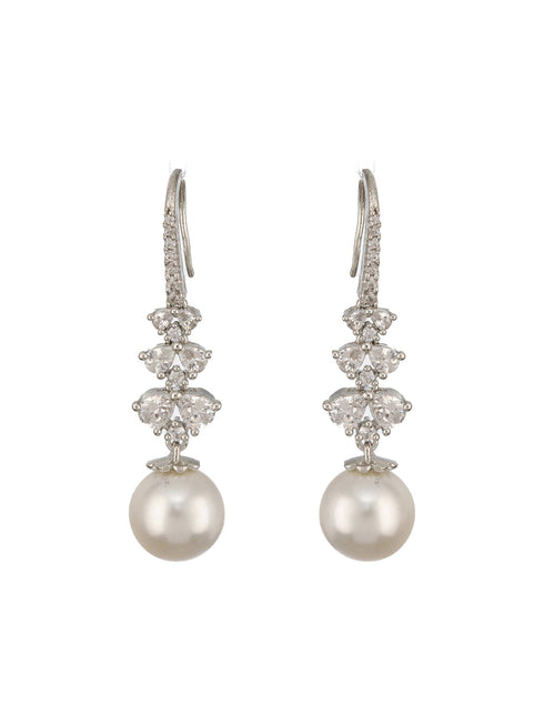 Silver Plated AD Studded Delicate Pearl Hook Earrings