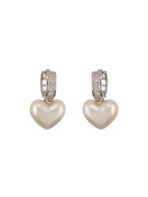 Anti-Tarnish Silver Plated Faux Pearl Studded Heart Shaped Small Minimal Hoop Earrings
