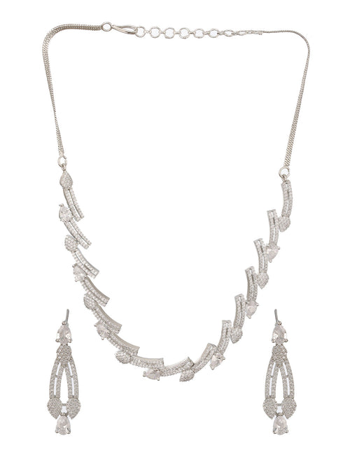 Silver Toned Zircon Studded Leaf Shaped Delicate Designer Necklace jewellerySet