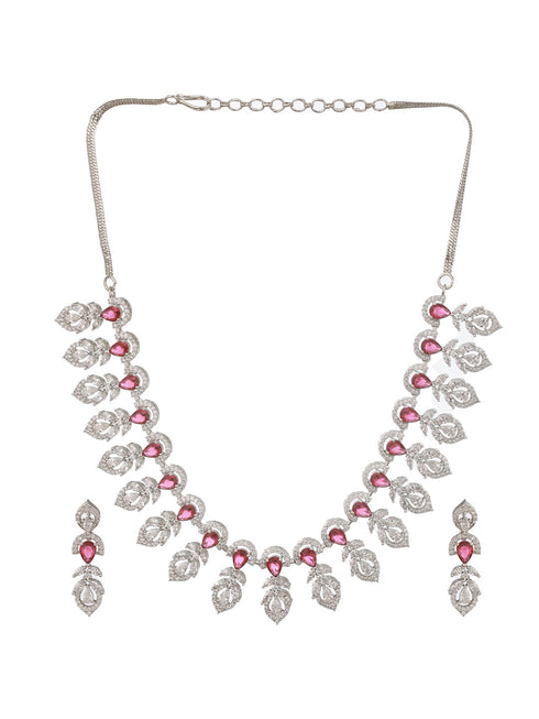 Silver Plated Ruby Red AD Studded Elegant Floral Designer Delicate Choker Jewellery Set