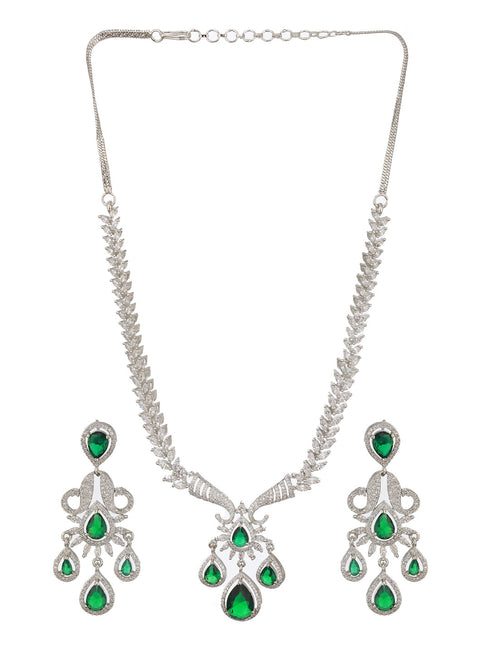 Silver Plated Emerald Green AD Studded Luxe Designer Floral Pendant Jewellery Set