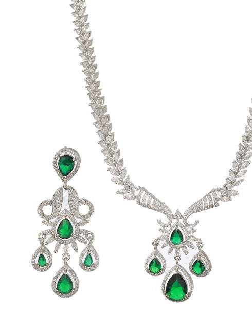 Silver Plated Emerald Green AD Studded Luxe Designer Floral Pendant Jewellery Set