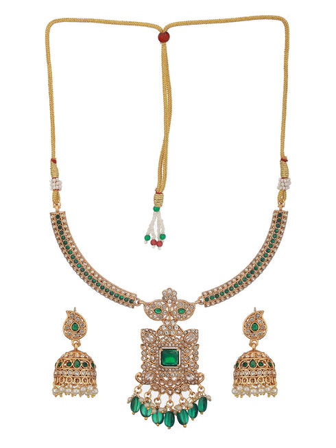Gold Plated Green Zircon & Pearl Beaded Floral Pipe Pendant Jewellery Set With Jhumka
