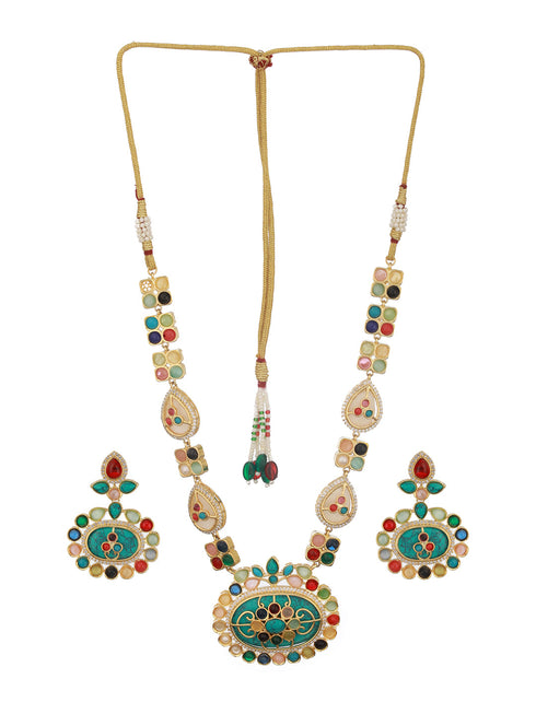 Gold plated Multicoloured Stones Studded Floral Double Layered Necklace Jewellery Set