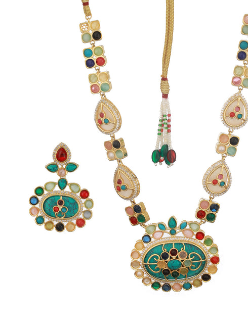 Gold plated Multicoloured Stones Studded Floral Double Layered Necklace Jewellery Set