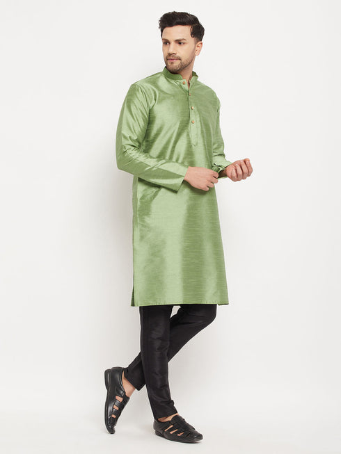 Men's Light Green Cotton Silk Blend Kurta
