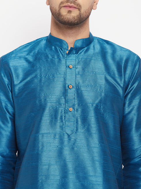 Men's Turquoise Blue Cotton Silk Blend Kurta And Pant Style Pyjama Set