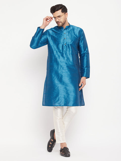Men's Turquoise Blue Cotton Silk Blend Kurta And Pant Style Pyjama Set