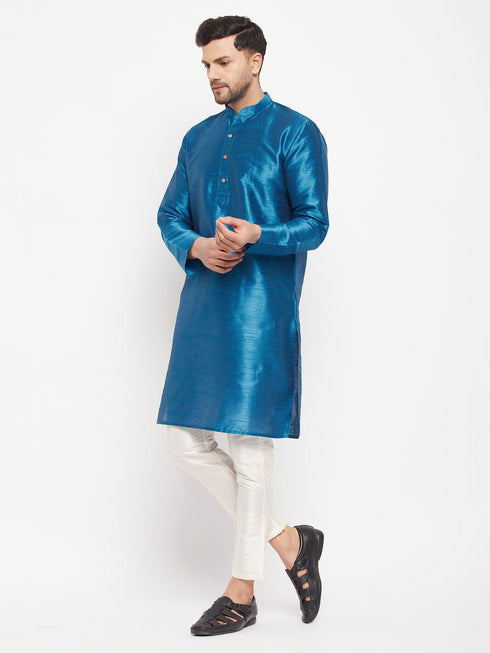 Men's Turquoise Blue Cotton Silk Blend Kurta And Pant Style Pyjama Set