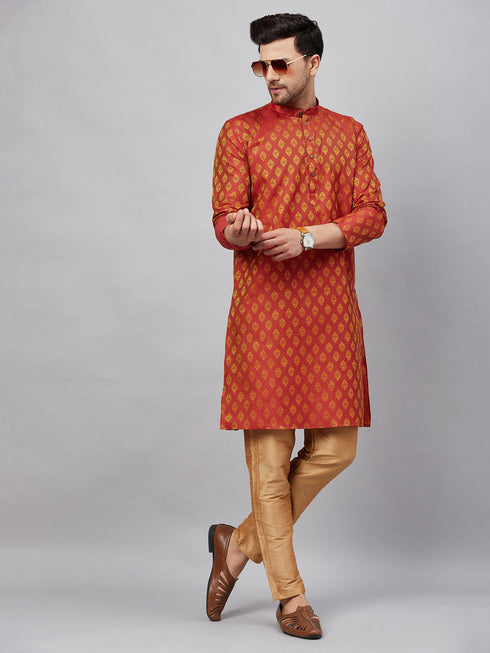 Men's Red And Rose Gold Woven Kurta Pant Set