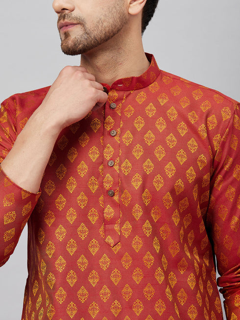 Men's Red And Rose Gold Woven Kurta Pant Set