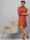 Men's Red And Rose Gold Woven Kurta Pant Set
