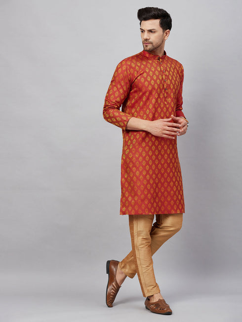 Men's Red And Rose Gold Woven Kurta Pant Set