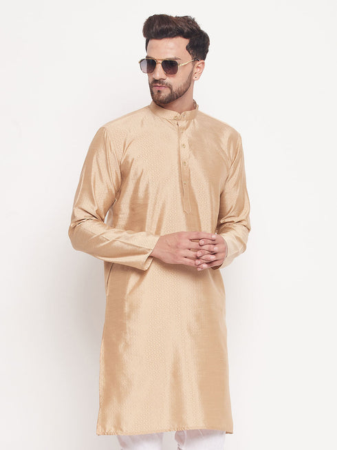 Men's Beige Square Woven Design Silk Blend Kurta