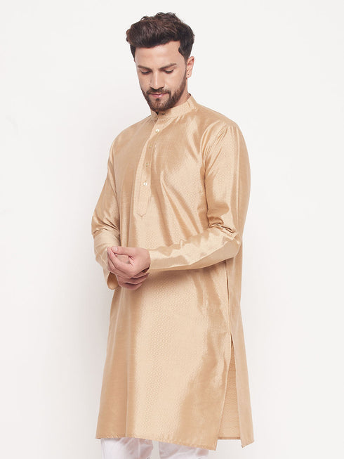 Men's Beige Square Woven Design Silk Blend Kurta