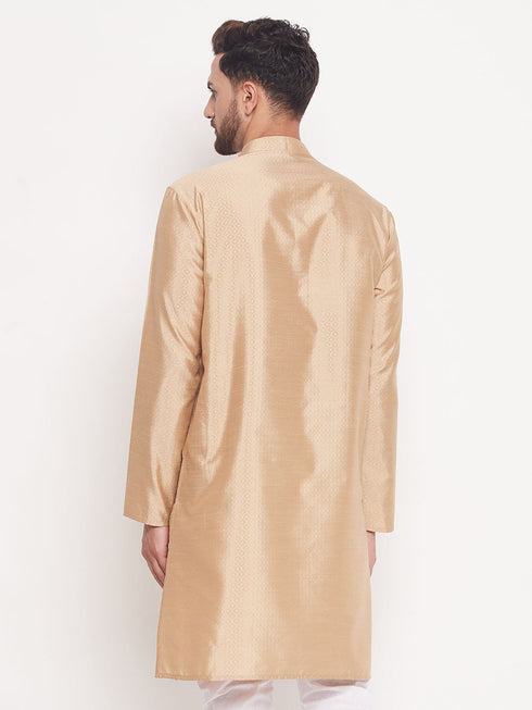 Men's Beige Square Woven Design Silk Blend Kurta