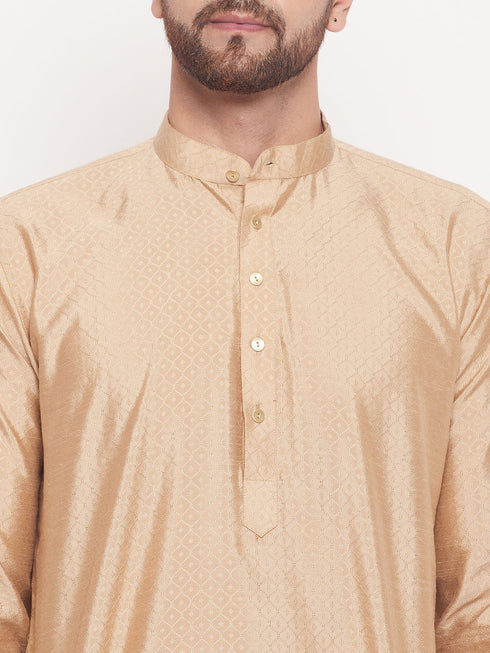 Men's Beige Square Woven Design Silk Blend Kurta
