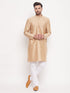 Men's Beige Square Woven Design Silk Blend Kurta