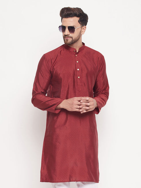 Men's Maroon Square Woven Design Silk Blend Kurta
