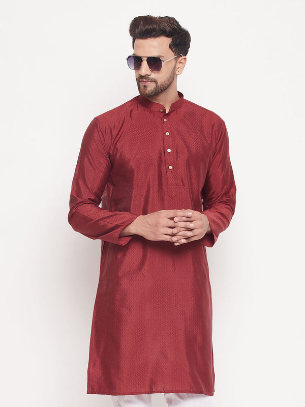 Men's Maroon Square Woven Design Silk Blend Kurta