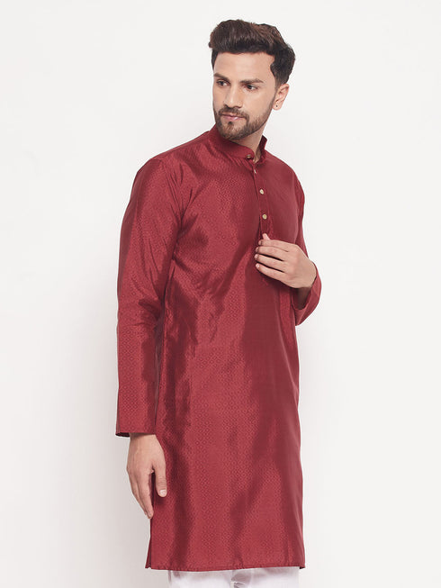 Men's Maroon Square Woven Design Silk Blend Kurta