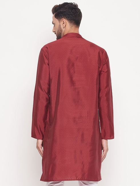 Men's Maroon Square Woven Design Silk Blend Kurta