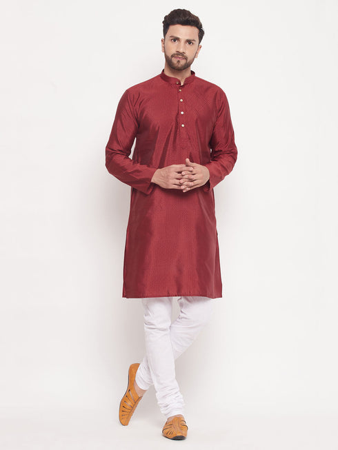 Men's Maroon Square Woven Design Silk Blend Kurta