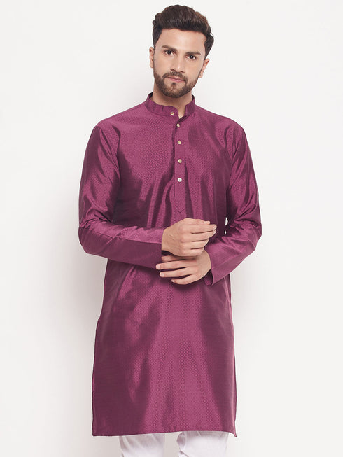 Men's Purple Square Woven Design Silk Blend Kurta